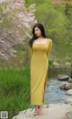 A woman in a yellow dress standing on a rock by a river.