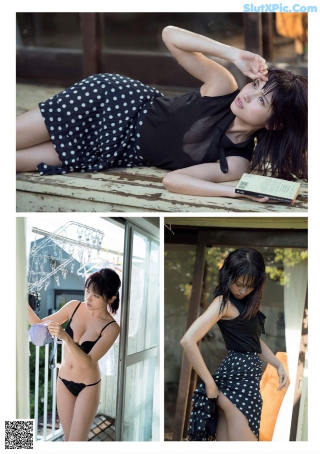 A woman in a black and white polka dot dress laying on a window sill.