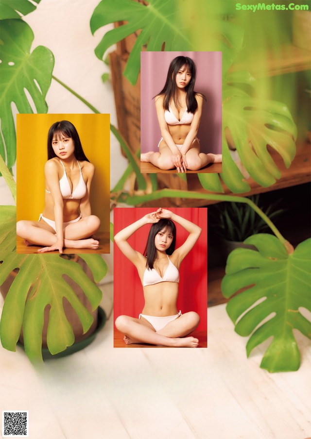 A woman in a white bikini sitting on a wooden floor.