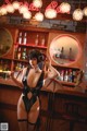 A woman dressed as a devil standing in front of a bar.