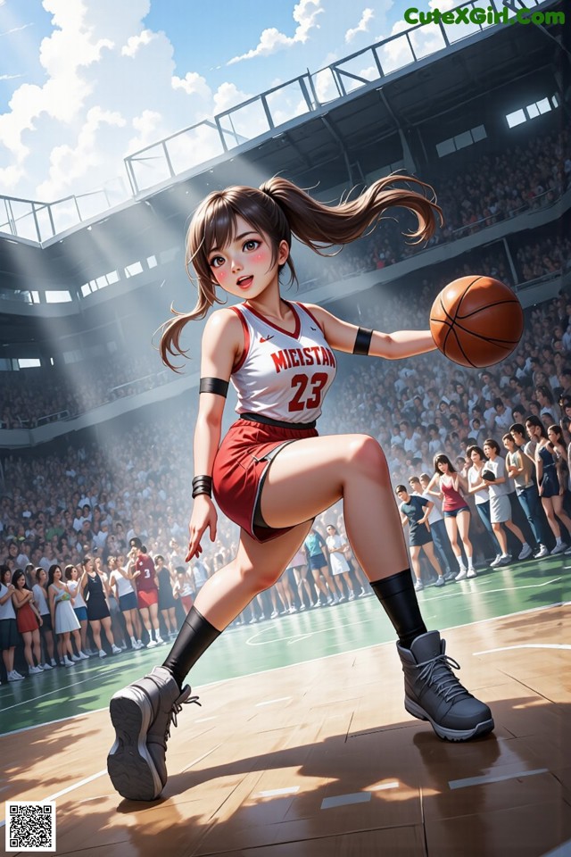A woman in a red and white uniform holding a basketball.